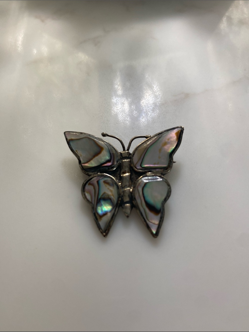 Vintage Abalone Inlay Butterfly Brooch - Iridescent Multi-Color Accent